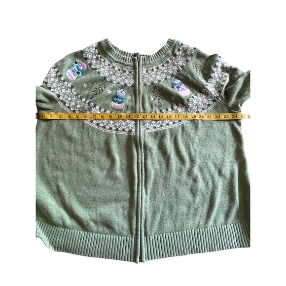 CJ Banks Women's Christmas Sweater Green Zip Front Snowmen Size 2X - Picture 10 of 14